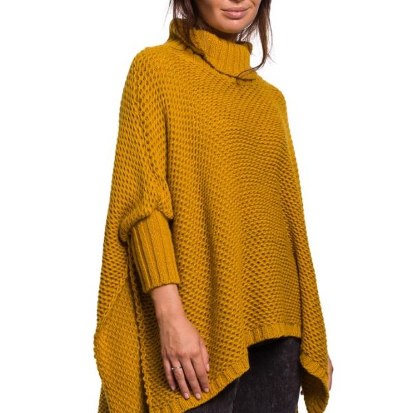 BK049 Sweter ponczo z rękawami i golfem - miodowy