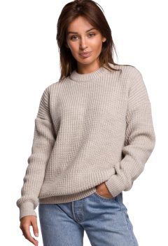 BK052 Długi sweter w prążek - beżowy
