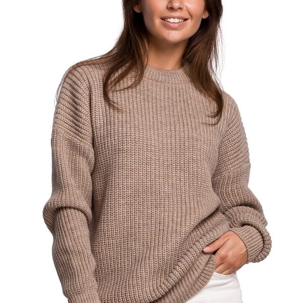 BK052 Długi sweter w prążek - cappuccino