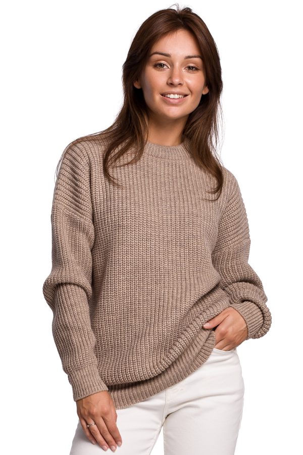 BK052 Długi sweter w prążek - cappuccino